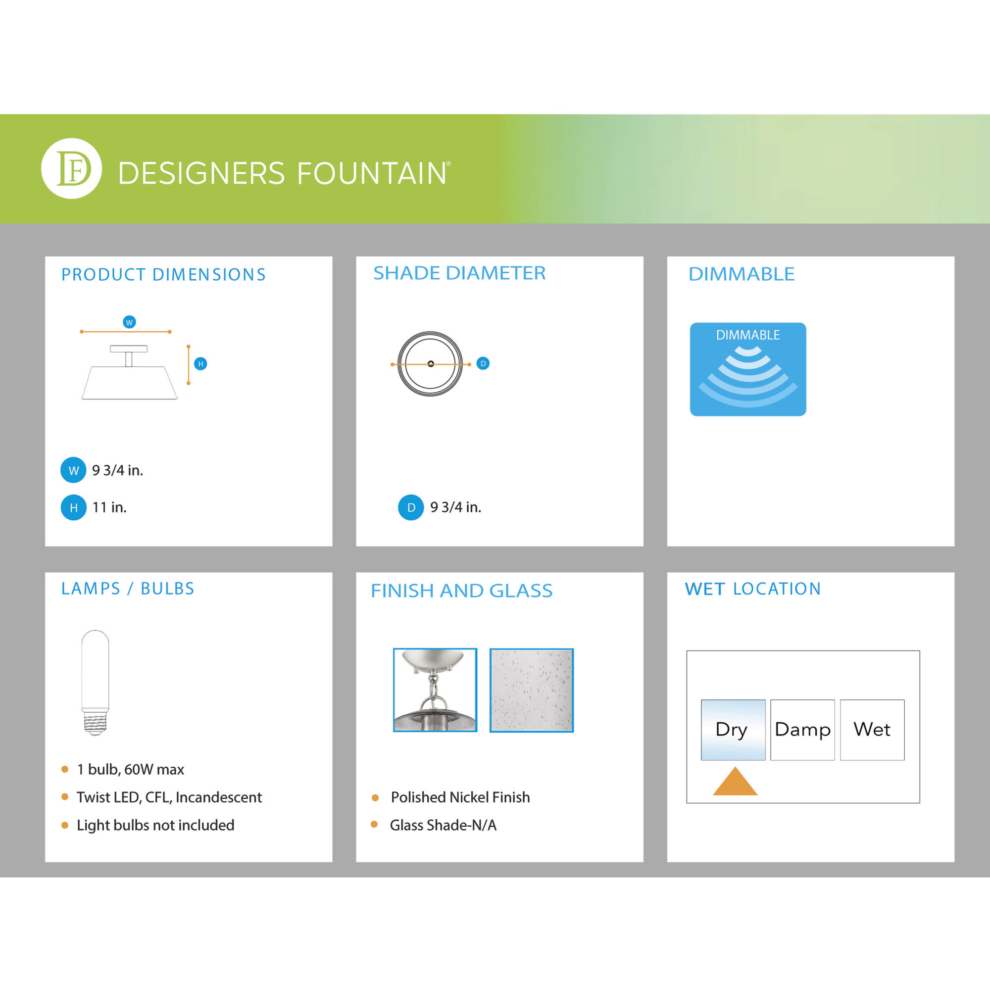 Windrush 1 Light 9.75 inch Polished Nickel Semi-Flush Ceiling Light
